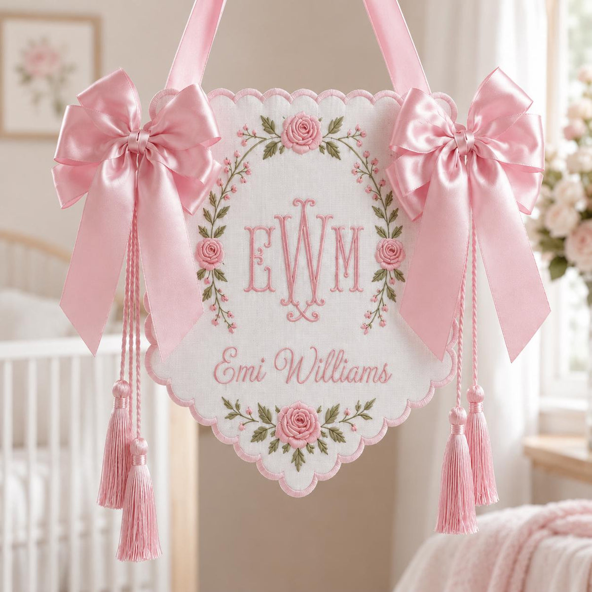 Embroidered Floral Crest Tassel Sign, Custom Monogram Baby Name Plaque, Hospital Door Newborn Keepsake