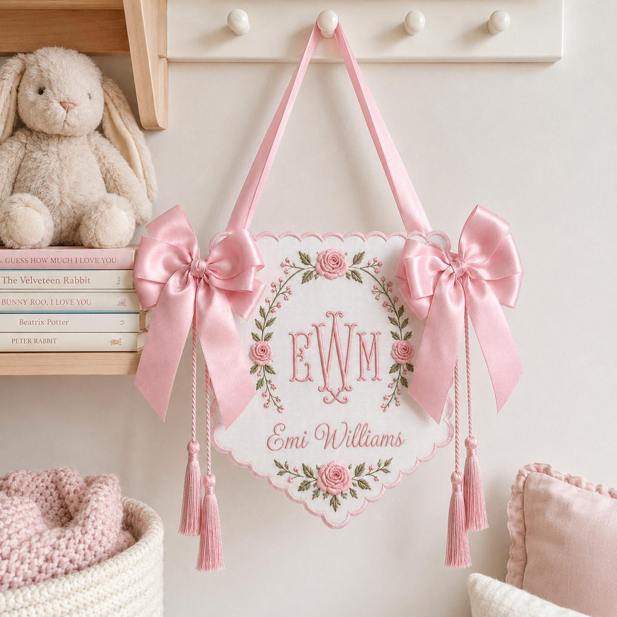 Embroidered Floral Crest Tassel Sign, Custom Monogram Baby Name Plaque, Hospital Door Newborn Keepsake
