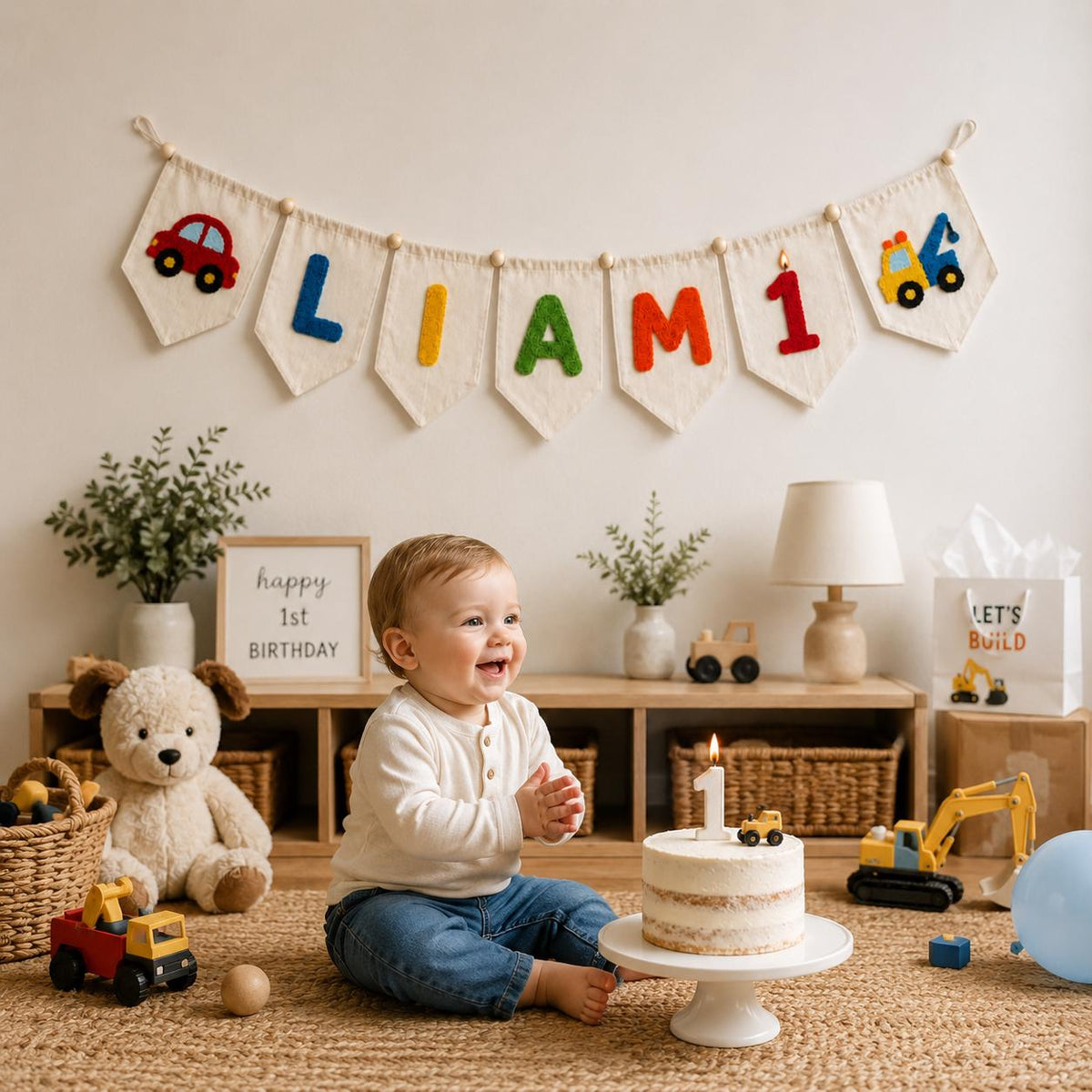 Custom Yarn Name Banner, First Birthday Pennant, Baby Boy Truck Party Decor