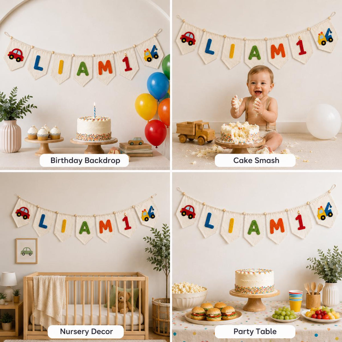 Custom Yarn Name Banner, First Birthday Pennant, Baby Boy Truck Party Decor