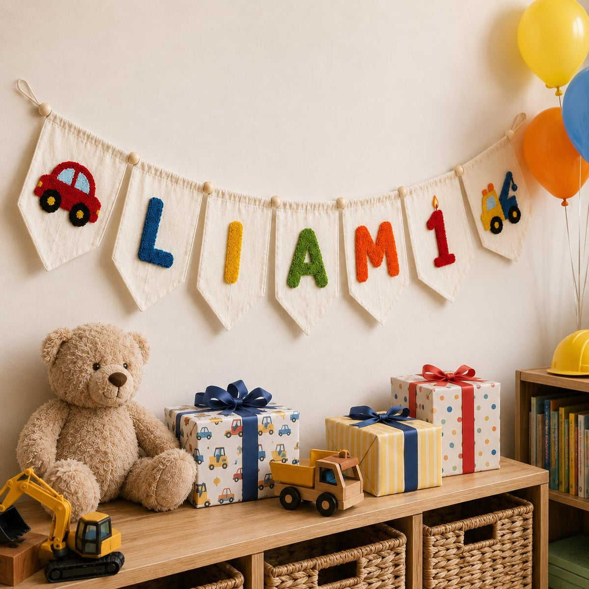 Custom Yarn Name Banner, First Birthday Pennant, Baby Boy Truck Party Decor