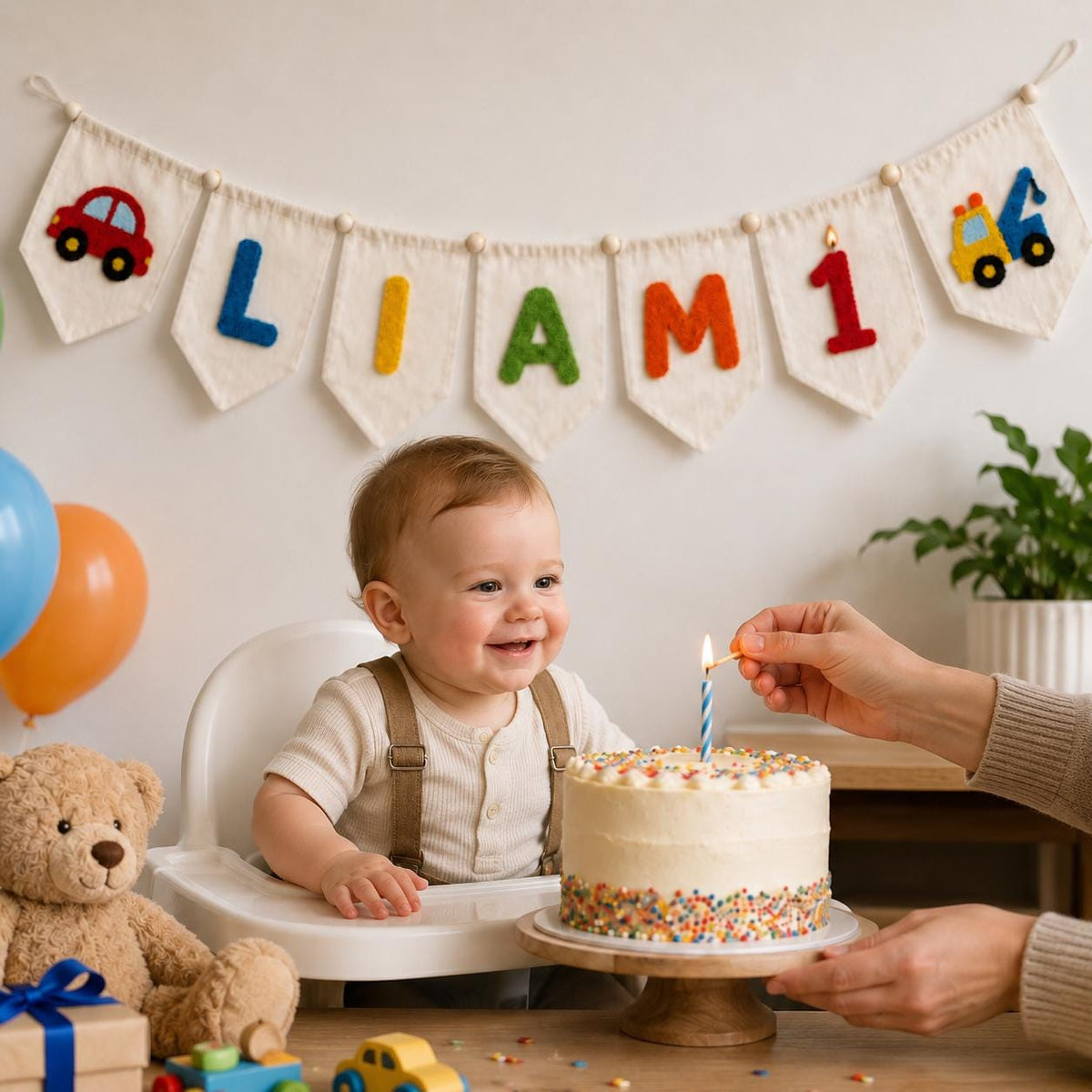 Custom Yarn Name Banner, First Birthday Pennant, Baby Boy Truck Party Decor