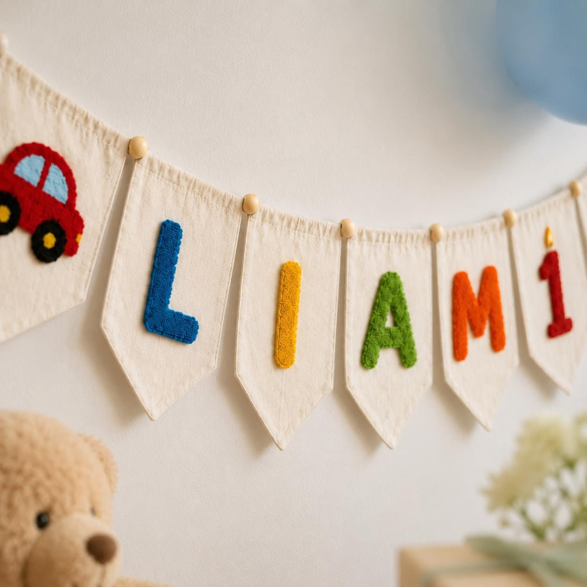 Custom Yarn Name Banner, First Birthday Pennant, Baby Boy Truck Party Decor