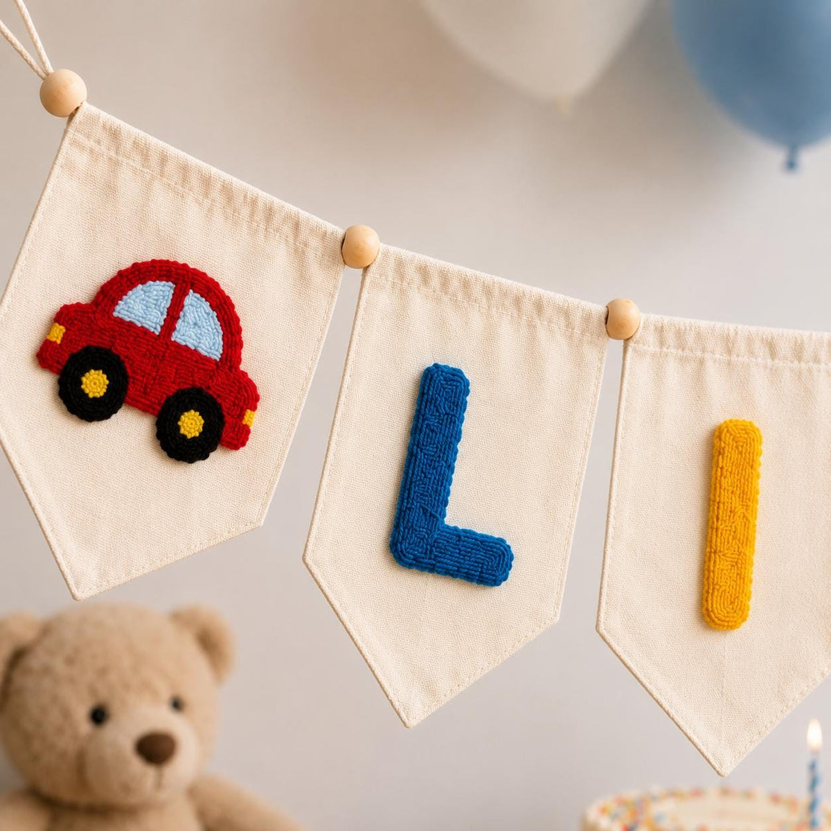 Custom Yarn Name Banner, First Birthday Pennant, Baby Boy Truck Party Decor