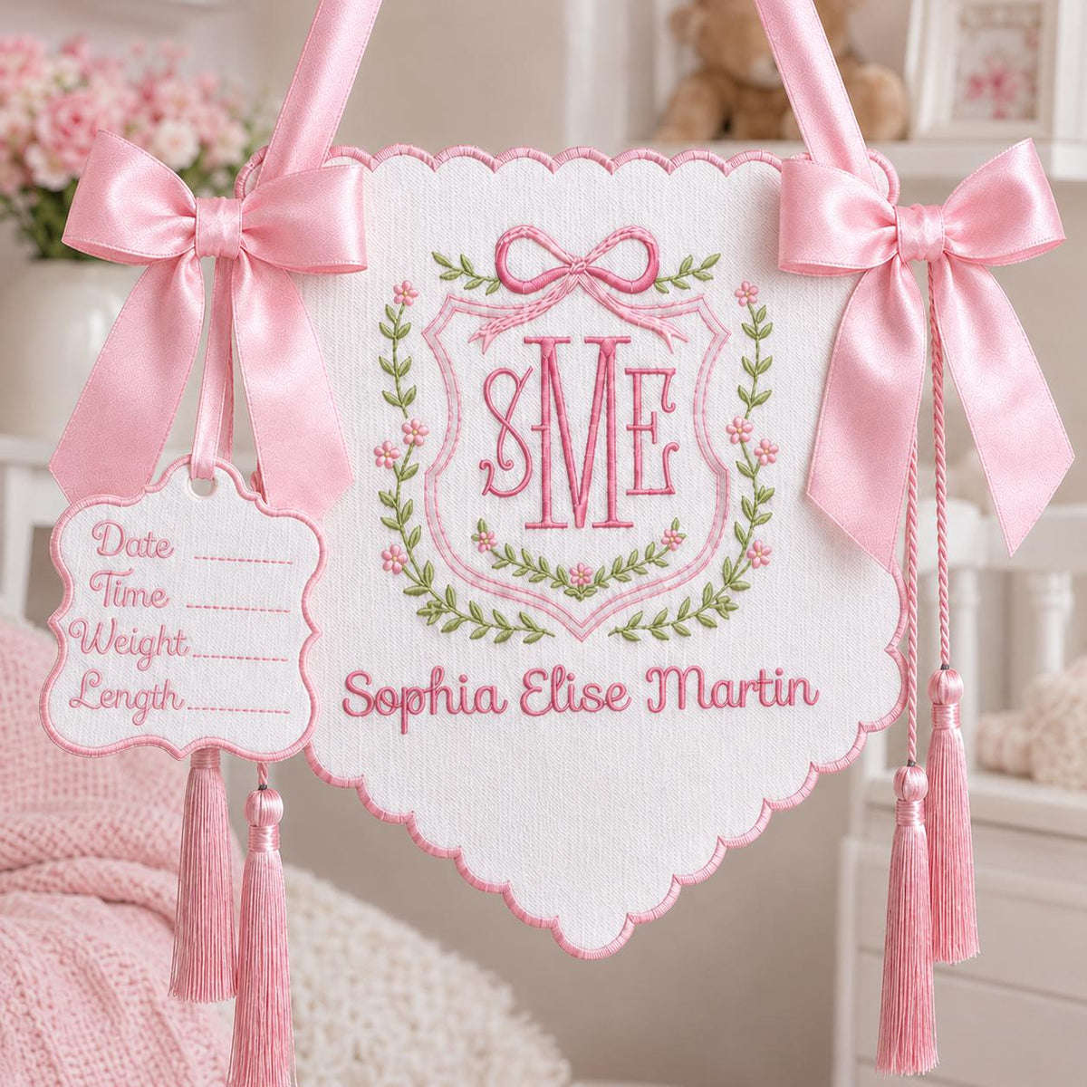 Personalized Floral Crest Tassel Sign, Baby Banner, Welcome Banner, Hospital Door Sign, Baby Shower, Bassinet or Crib Announcement