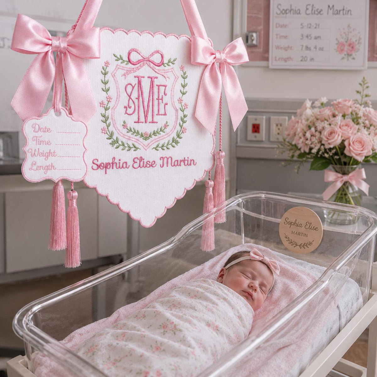 Personalized Floral Crest Tassel Sign, Baby Banner, Welcome Banner, Hospital Door Sign, Baby Shower, Bassinet or Crib Announcement