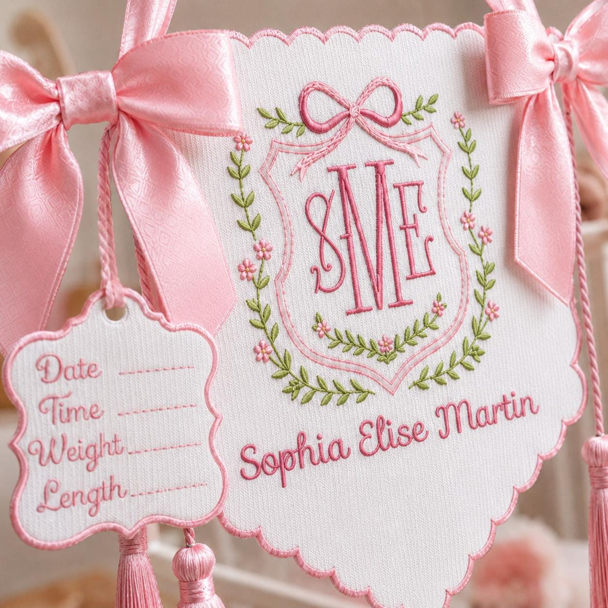 Personalized Floral Crest Tassel Sign, Baby Boy Banner, Welcome Banner, Hospital Door Sign, Baby Shower, Bassinet or Crib Announcement