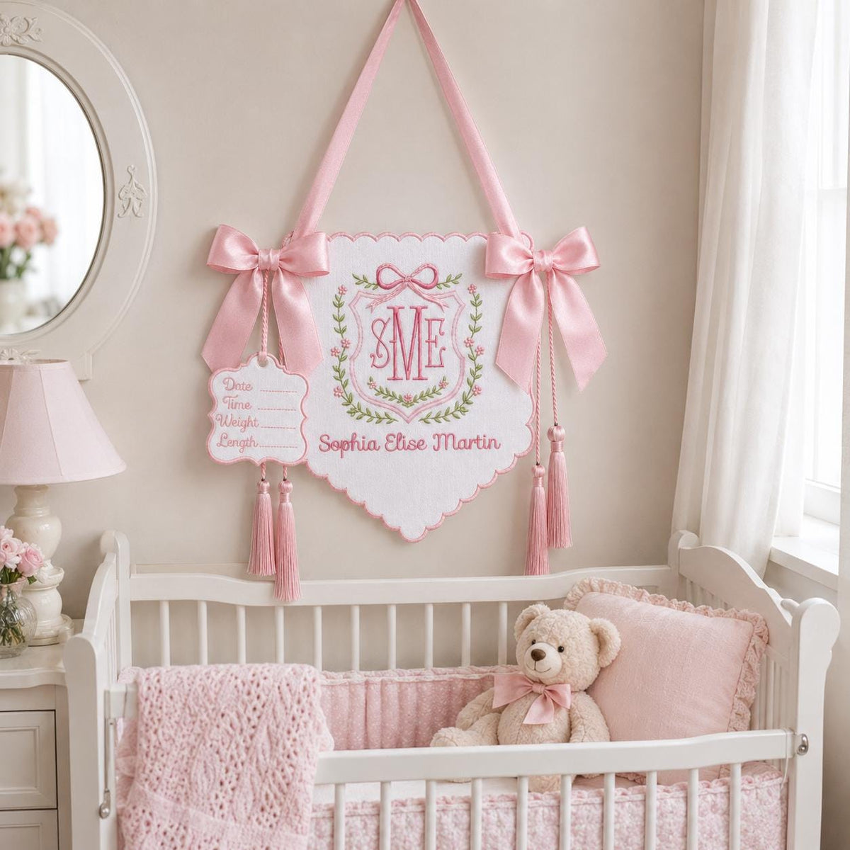 Personalized Floral Crest Tassel Sign, Baby Banner, Welcome Banner, Hospital Door Sign, Baby Shower, Bassinet or Crib Announcement