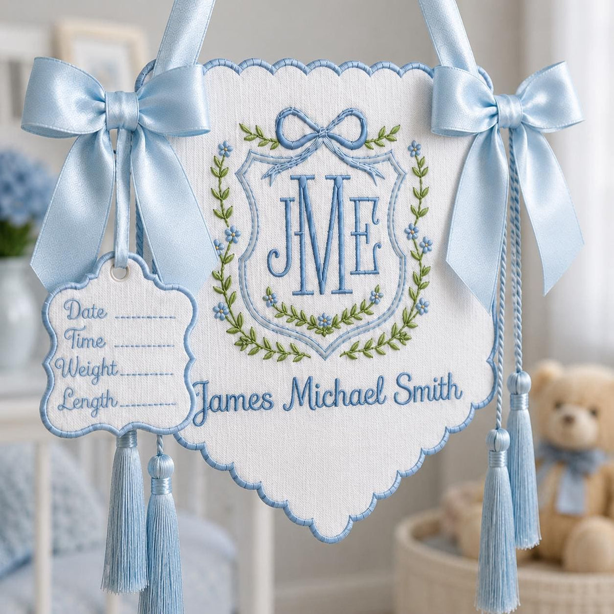 Personalized Floral Crest Tassel Sign, Baby Boy Banner, Welcome Banner, Hospital Door Sign, Baby Shower, Bassinet or Crib Announcement
