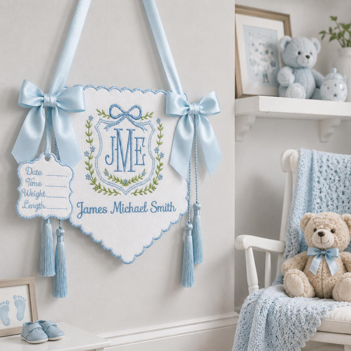 Personalized Floral Crest Tassel Sign, Baby Boy Banner, Welcome Banner, Hospital Door Sign, Baby Shower, Bassinet or Crib Announcement