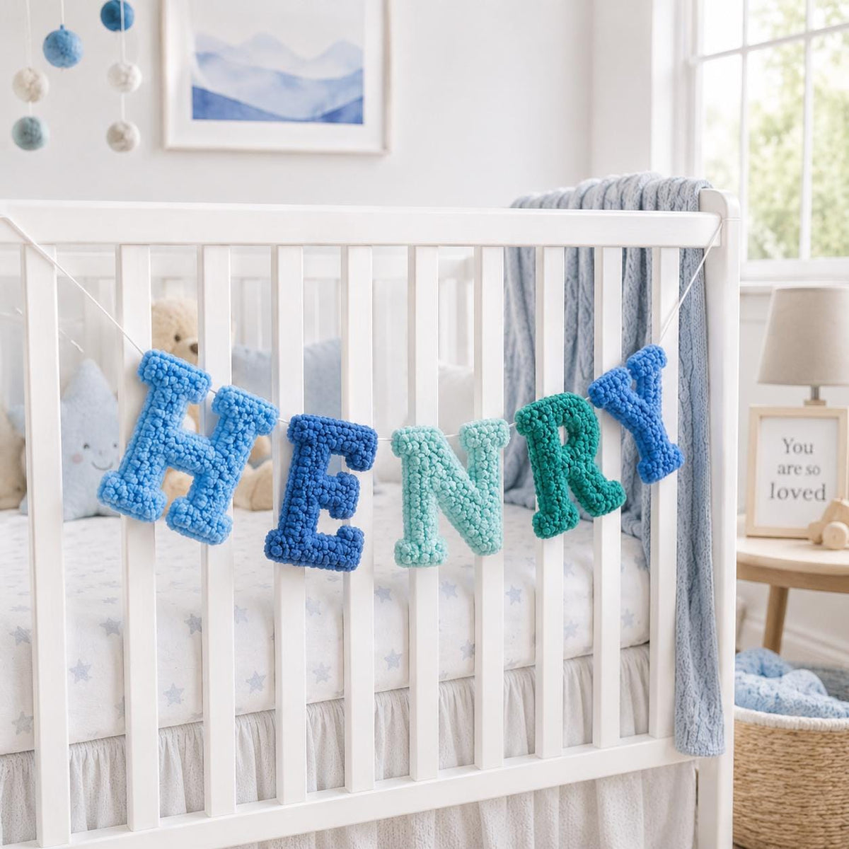 Yarn Letter Baby Name Banner, Custom Canvas Pennant Nursery Garland, Personalized Newborn Shower Gift