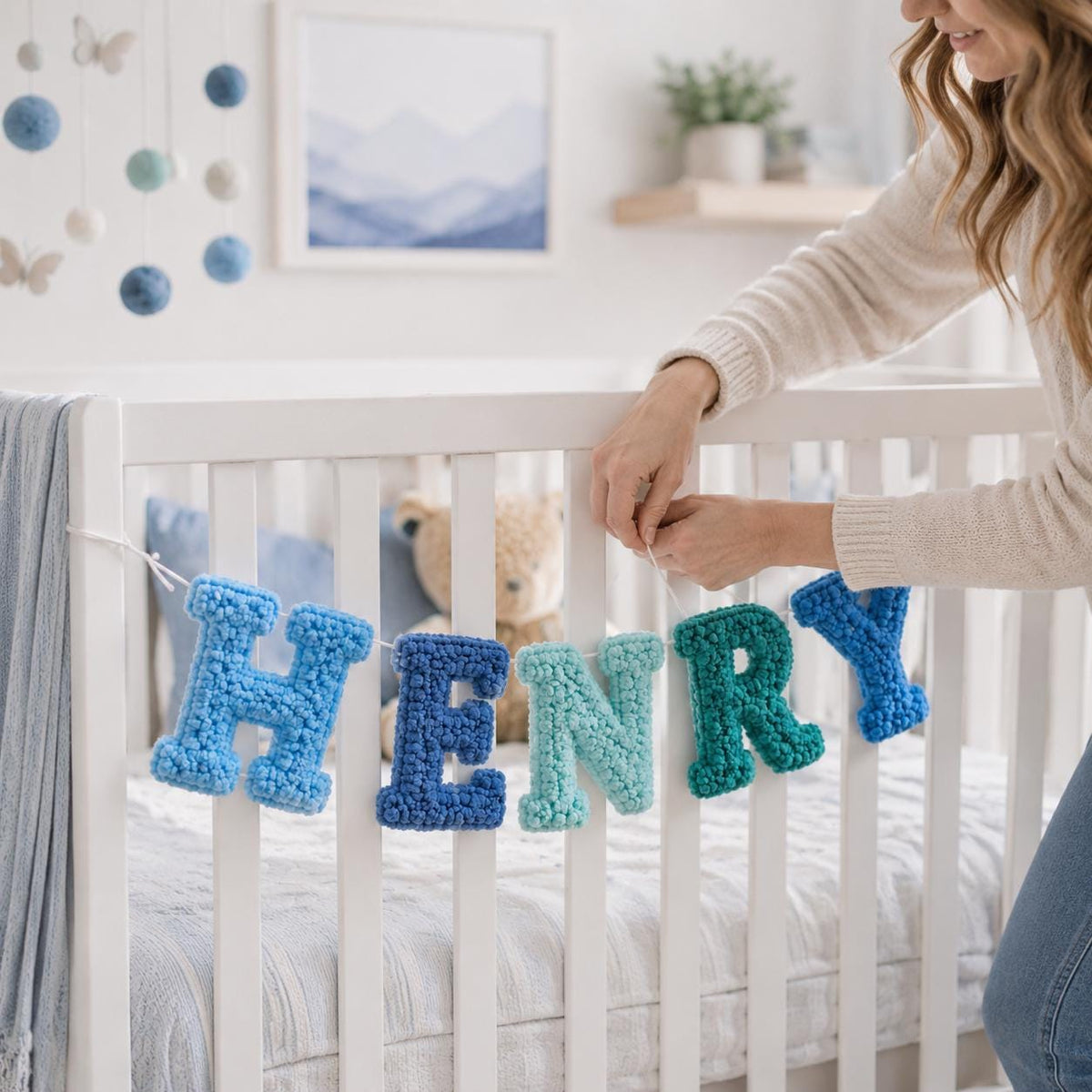 Yarn Letter Baby Name Banner, Custom Canvas Pennant Nursery Garland, Personalized Newborn Shower Gift