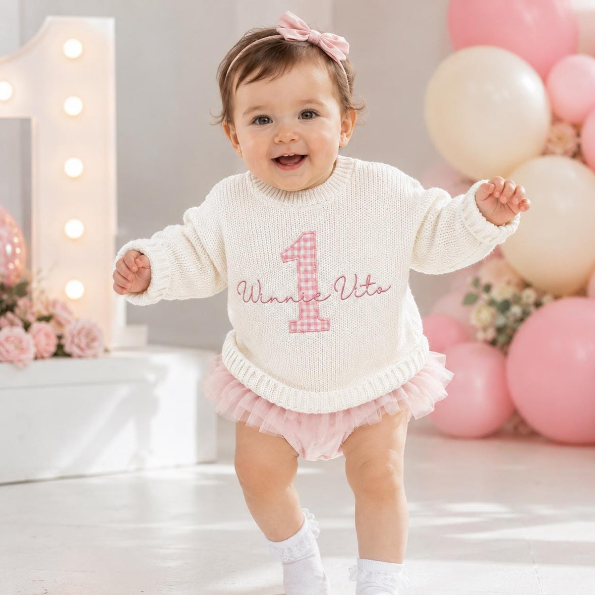 Personalized First Birthday Sweater, Custom Name Baby Girl Sweater, Pink Gingham Number One, 1st Birthday Outfit