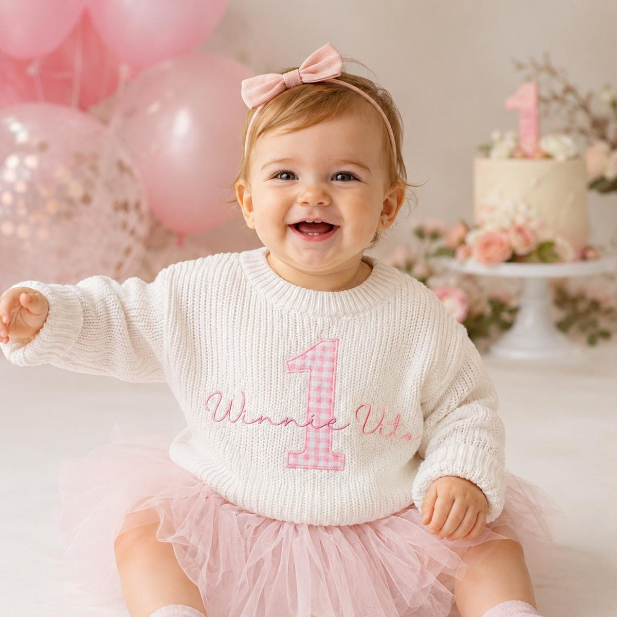 Personalized First Birthday Sweater, Custom Name Baby Girl Sweater, Pink Gingham Number One, 1st Birthday Outfit