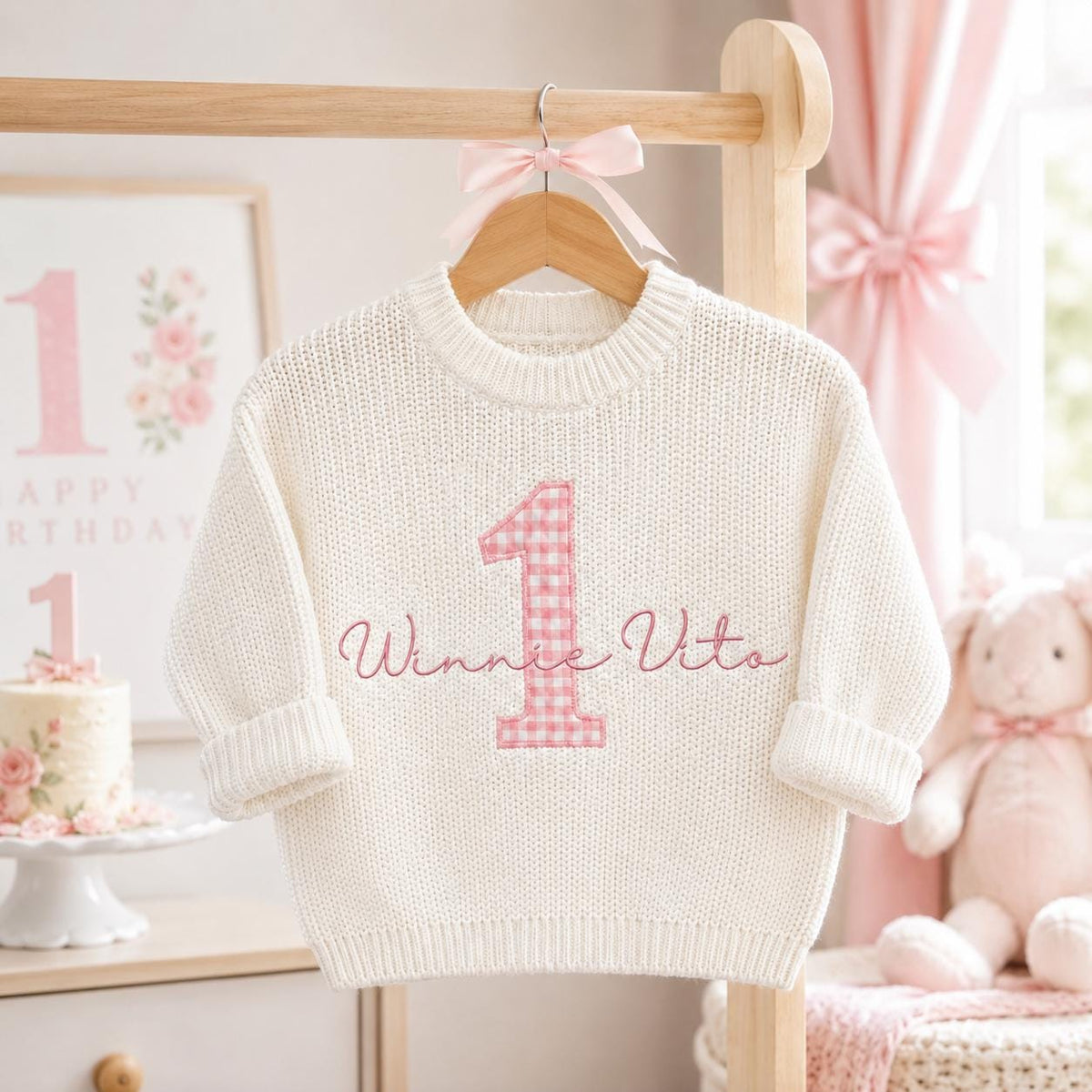 Personalized First Birthday Sweater, Custom Name Baby Girl Sweater, Pink Gingham Number One, 1st Birthday Outfit