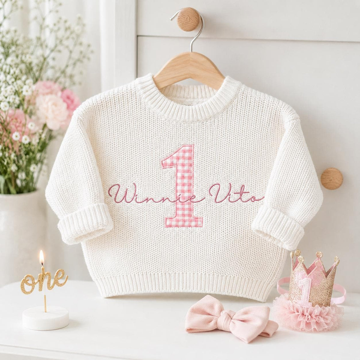 Personalized First Birthday Sweater, Custom Name Baby Girl Sweater, Pink Gingham Number One, 1st Birthday Outfit