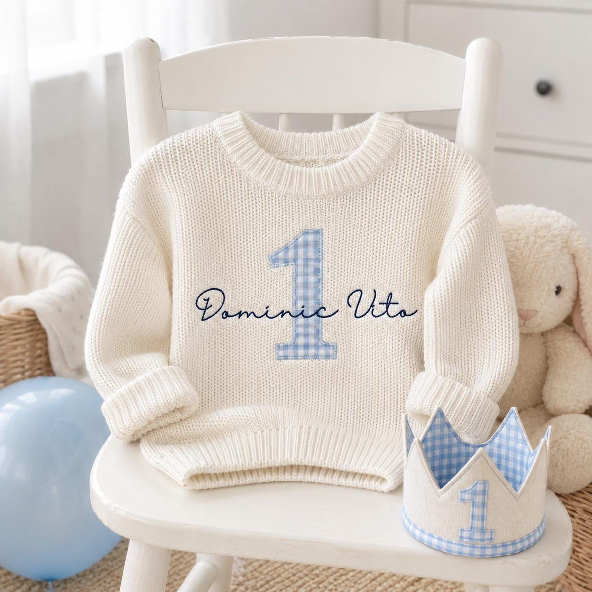 Personalized First Birthday Sweater, Custom Name Baby Girl Sweater, Pink Gingham Number One, 1st Birthday Outfit