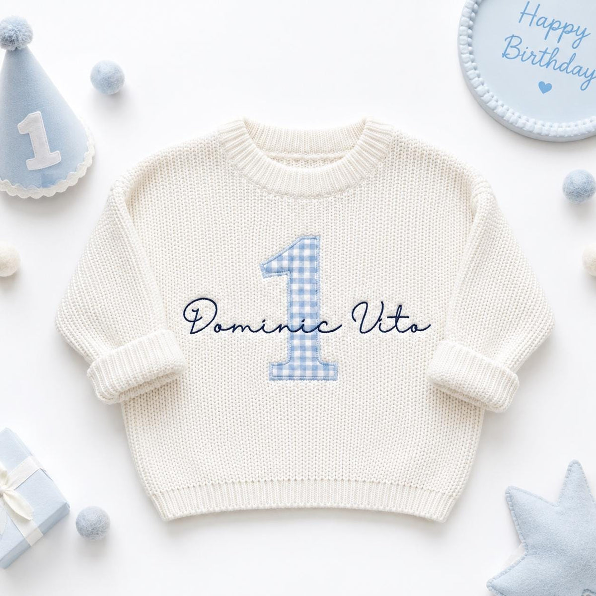 Personalized First Birthday Sweater, Custom Name Baby Girl Sweater, Pink Gingham Number One, 1st Birthday Outfit
