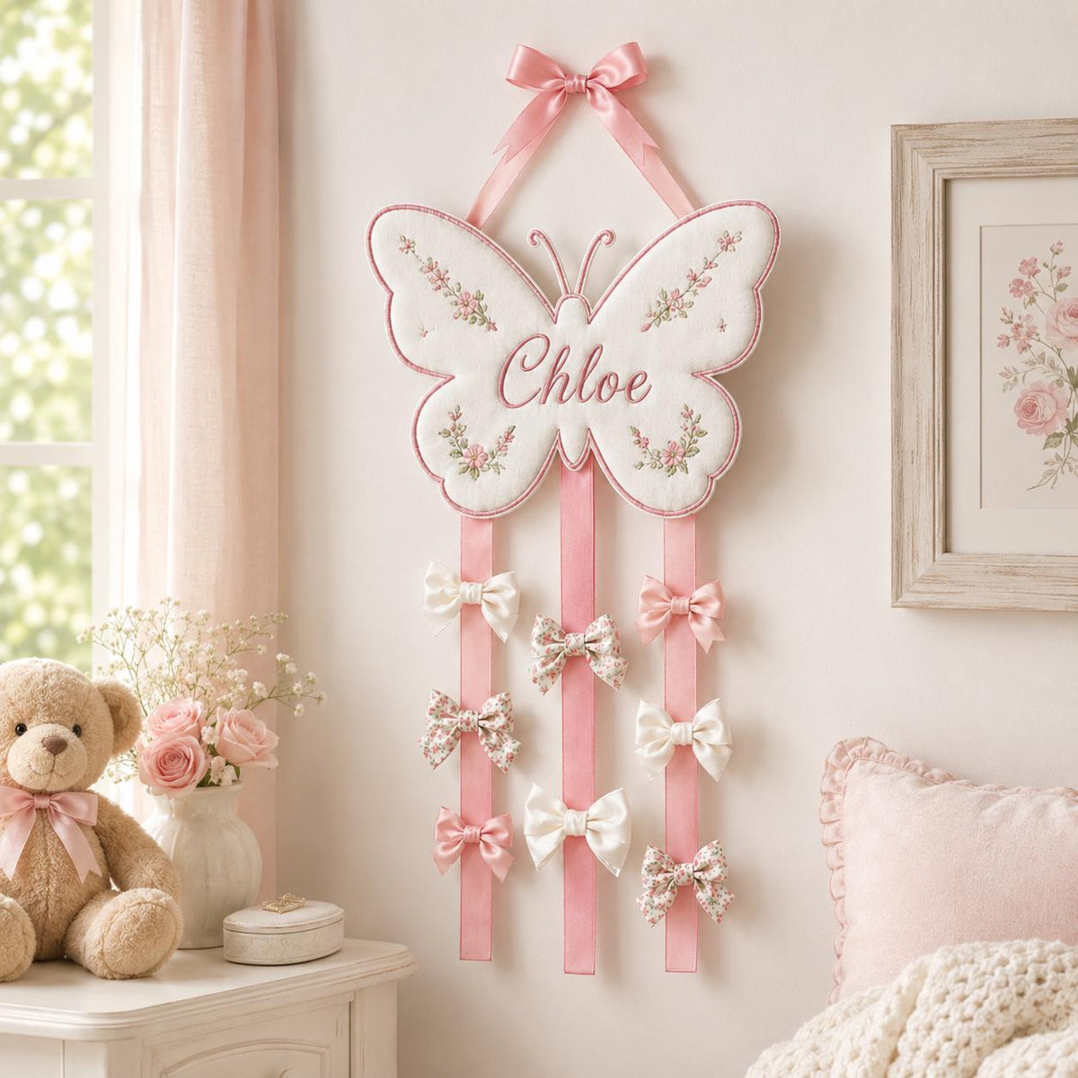 Custom Butterfly Bow Holder, Personalized Name Hair Bow Organizer, Pink Ribbon Bow Storage, Baby Girl Room Decor