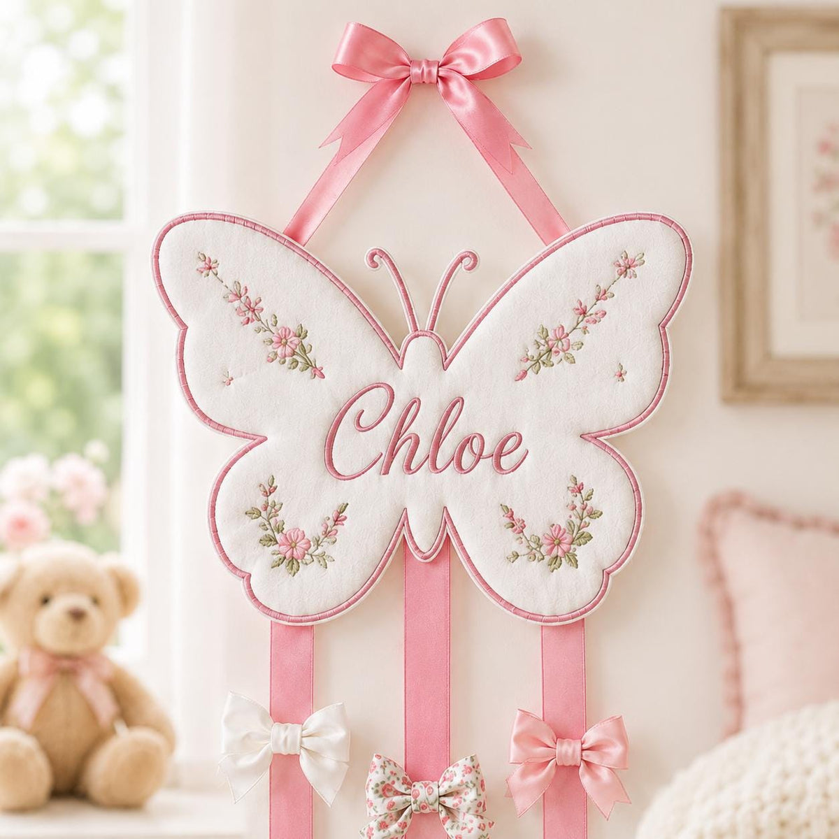 Custom Butterfly Bow Holder, Personalized Name Hair Bow Organizer, Pink Ribbon Bow Storage, Baby Girl Room Decor