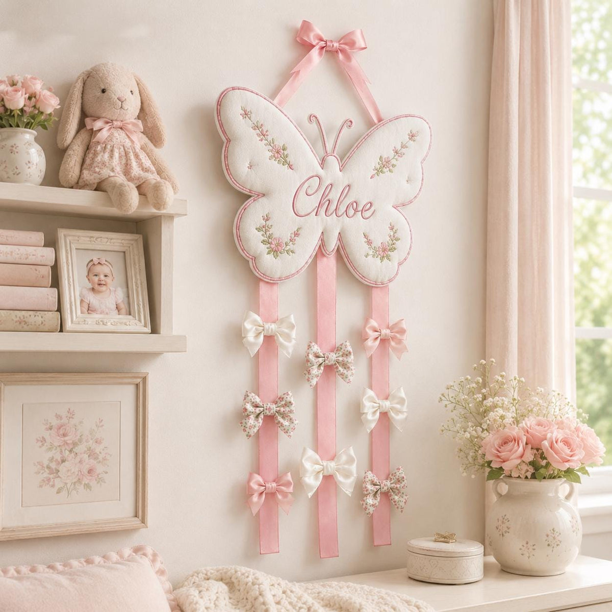 Custom Butterfly Bow Holder, Personalized Name Hair Bow Organizer, Pink Ribbon Bow Storage, Baby Girl Room Decor
