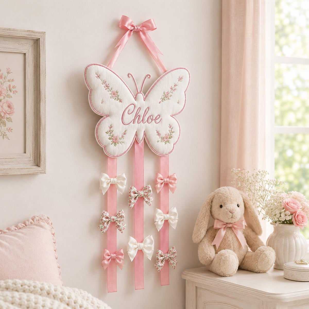 Custom Butterfly Bow Holder, Personalized Name Hair Bow Organizer, Pink Ribbon Bow Storage, Baby Girl Room Decor