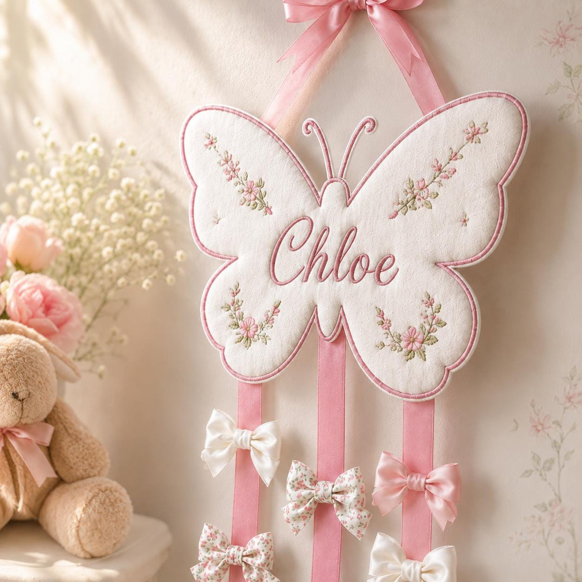 Custom Butterfly Bow Holder, Personalized Name Hair Bow Organizer, Pink Ribbon Bow Storage, Baby Girl Room Decor