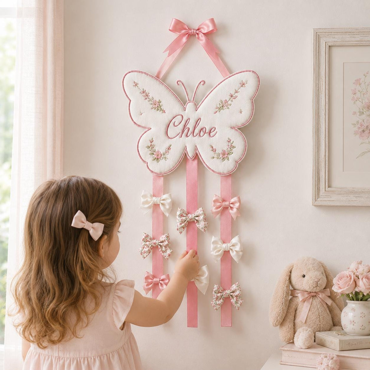 Custom Butterfly Bow Holder, Personalized Name Hair Bow Organizer, Pink Ribbon Bow Storage, Baby Girl Room Decor