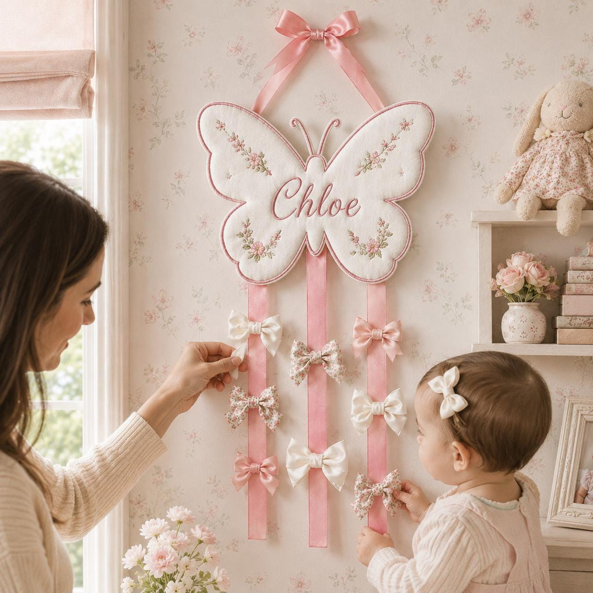 Custom Butterfly Bow Holder, Personalized Name Hair Bow Organizer, Pink Ribbon Bow Storage, Baby Girl Room Decor