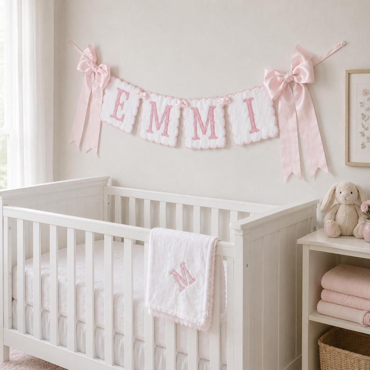 Personalized Name Banner, Custom Embroidered Nursery Garland, Pink Bow Baby Name Sign, Baby Shower Gift, Nursery Decor, Newborn Keepsake