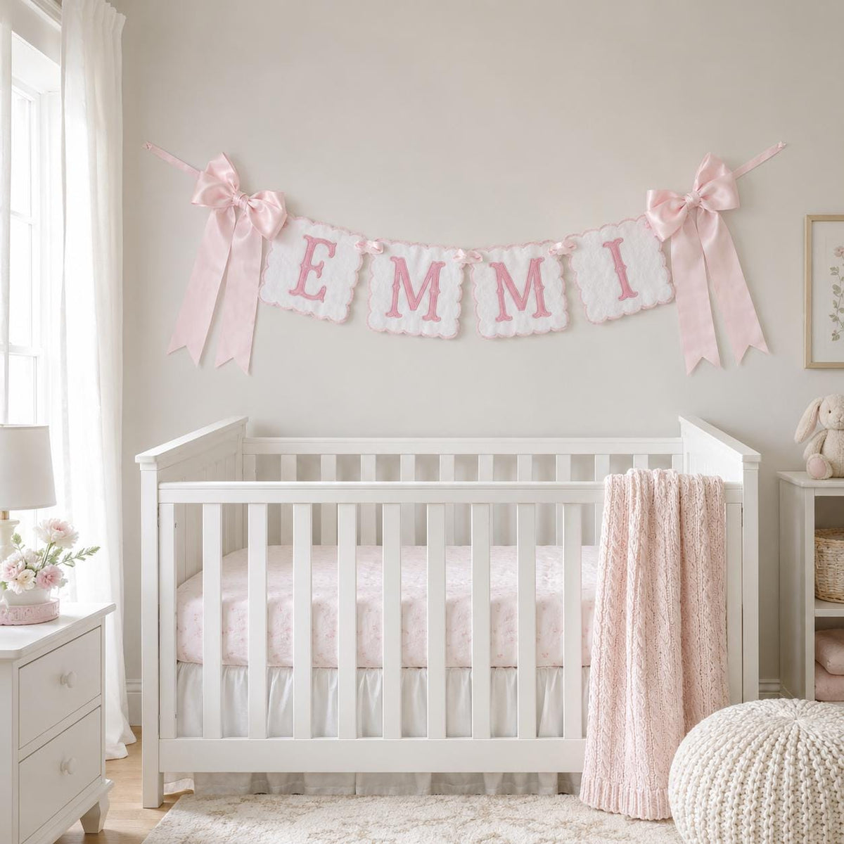 Personalized Name Banner, Custom Embroidered Nursery Garland, Pink Bow Baby Name Sign, Baby Shower Gift, Nursery Decor, Newborn Keepsake