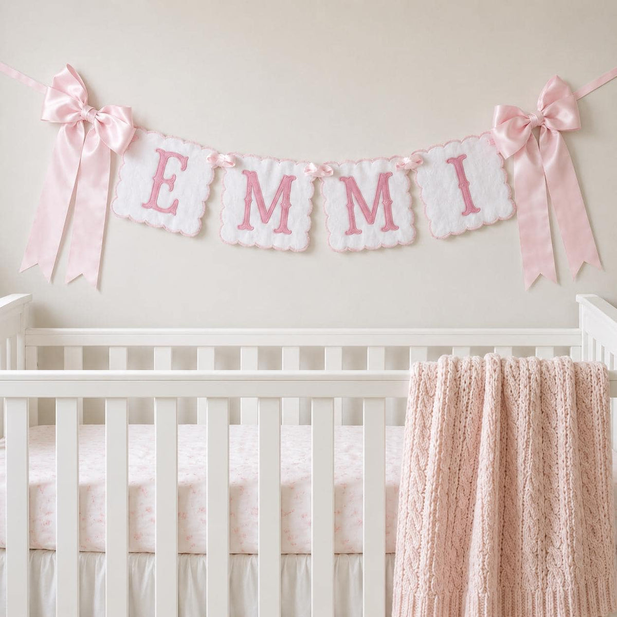 Personalized Name Banner, Custom Embroidered Nursery Garland, Pink Bow Baby Name Sign, Baby Shower Gift, Nursery Decor, Newborn Keepsake
