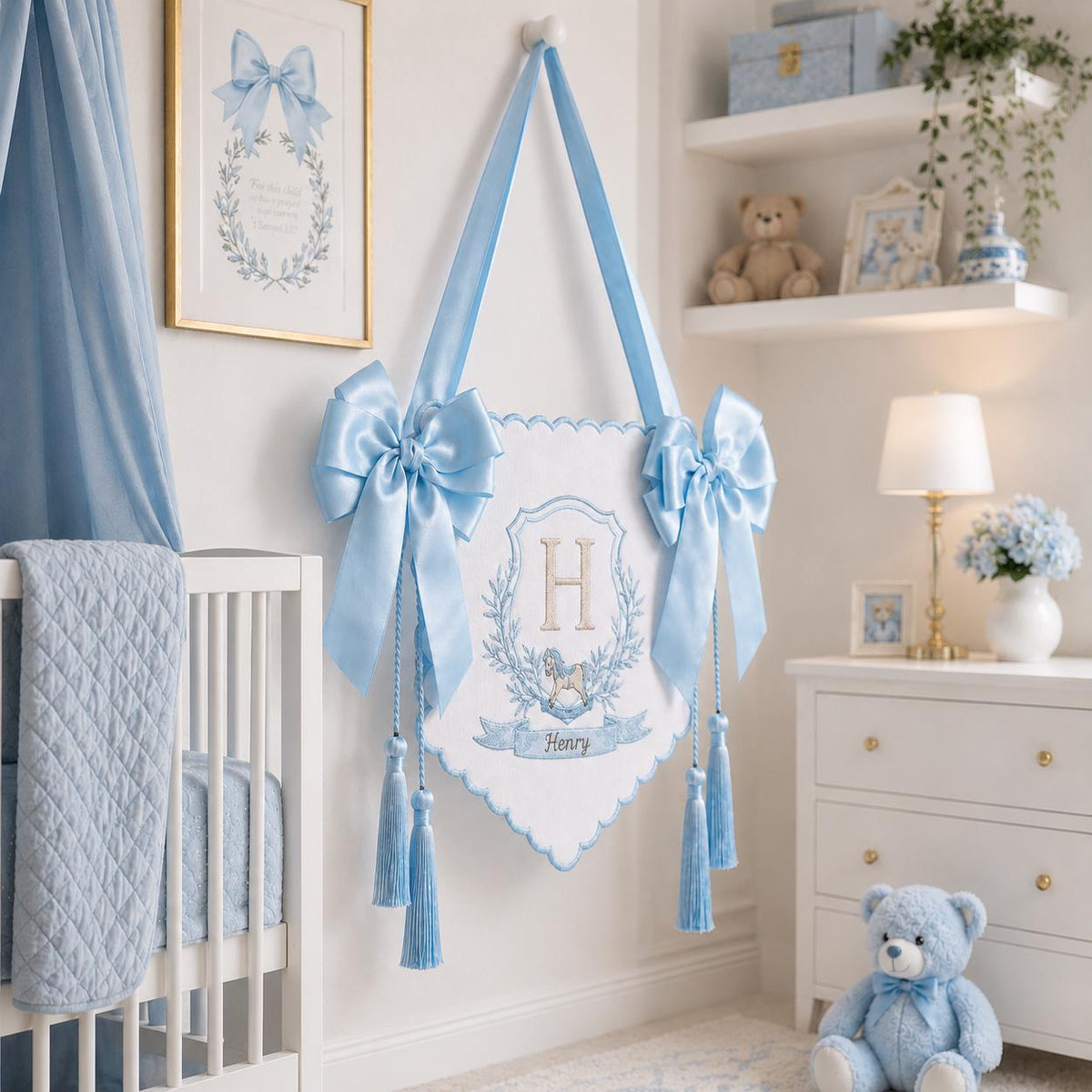 Personalized Baby Banner, Custom Embroidered Monogram Nursery Sign, Rocking Horse Hospital Door Hanger, Baby Boy Gift