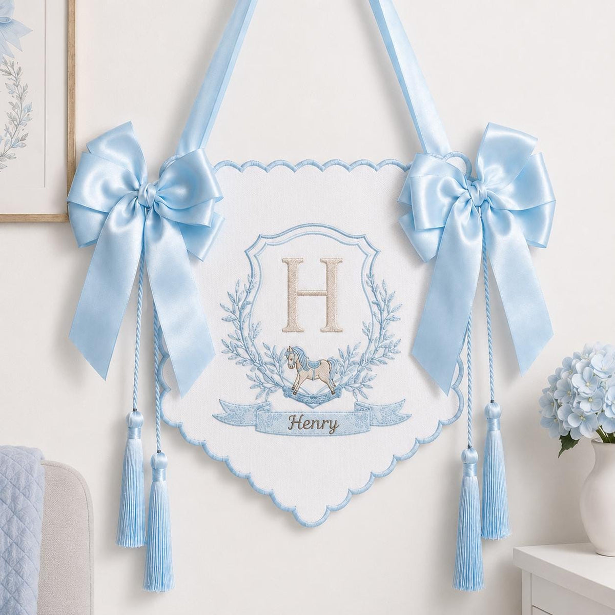 Personalized Baby Banner, Custom Embroidered Monogram Nursery Sign, Rocking Horse Hospital Door Hanger, Baby Boy Gift