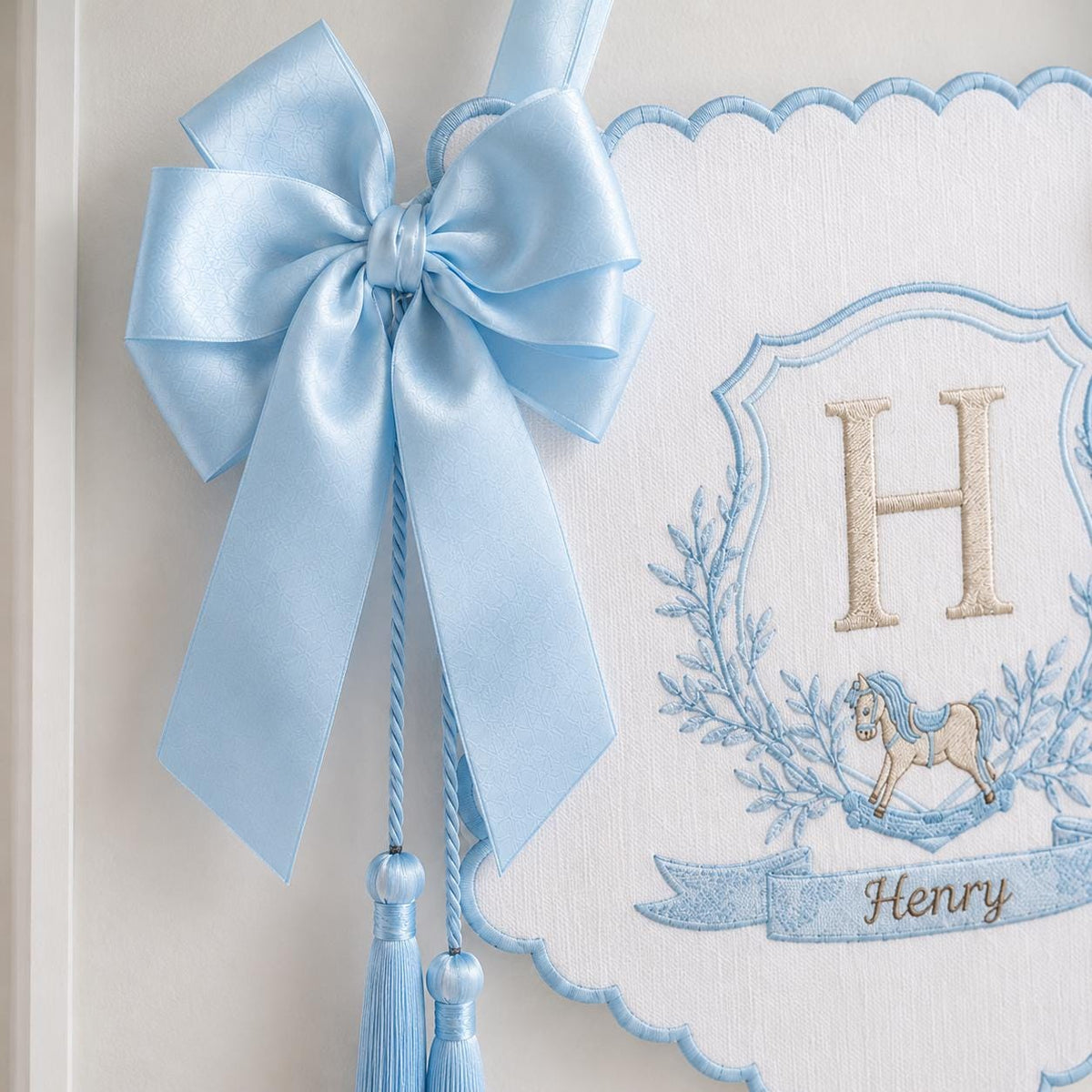 Personalized Baby Banner, Custom Embroidered Monogram Nursery Sign, Rocking Horse Hospital Door Hanger, Baby Boy Gift
