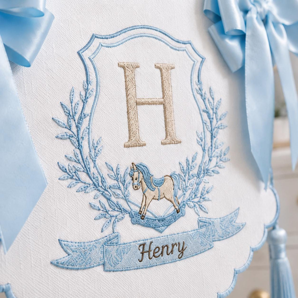 Personalized Baby Banner, Custom Embroidered Monogram Nursery Sign, Rocking Horse Hospital Door Hanger, Baby Boy Gift