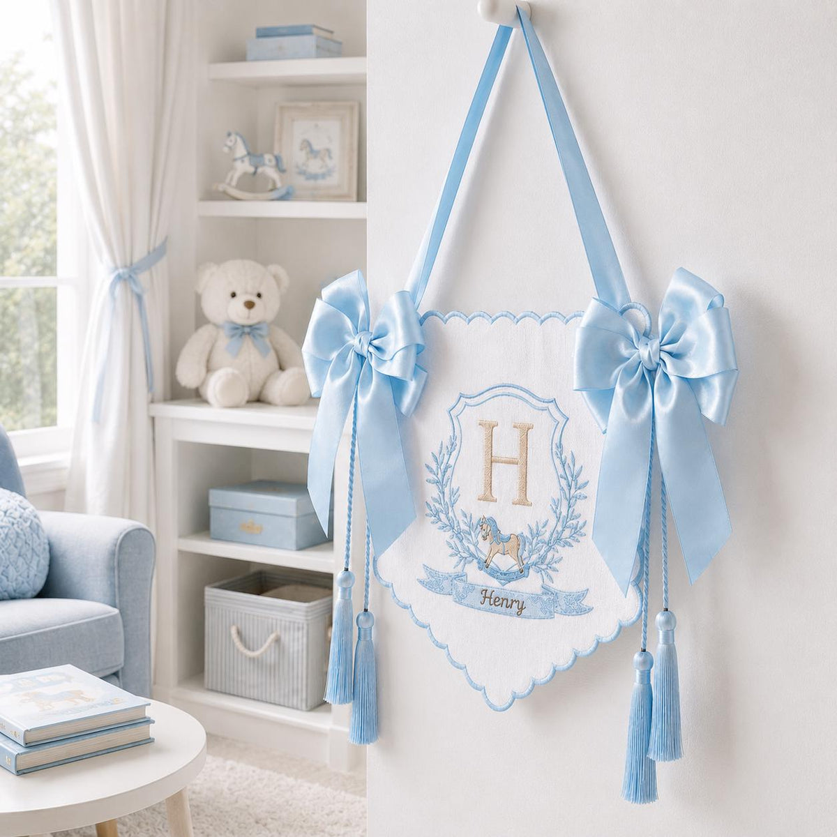Personalized Baby Banner, Custom Embroidered Monogram Nursery Sign, Rocking Horse Hospital Door Hanger, Baby Boy Gift