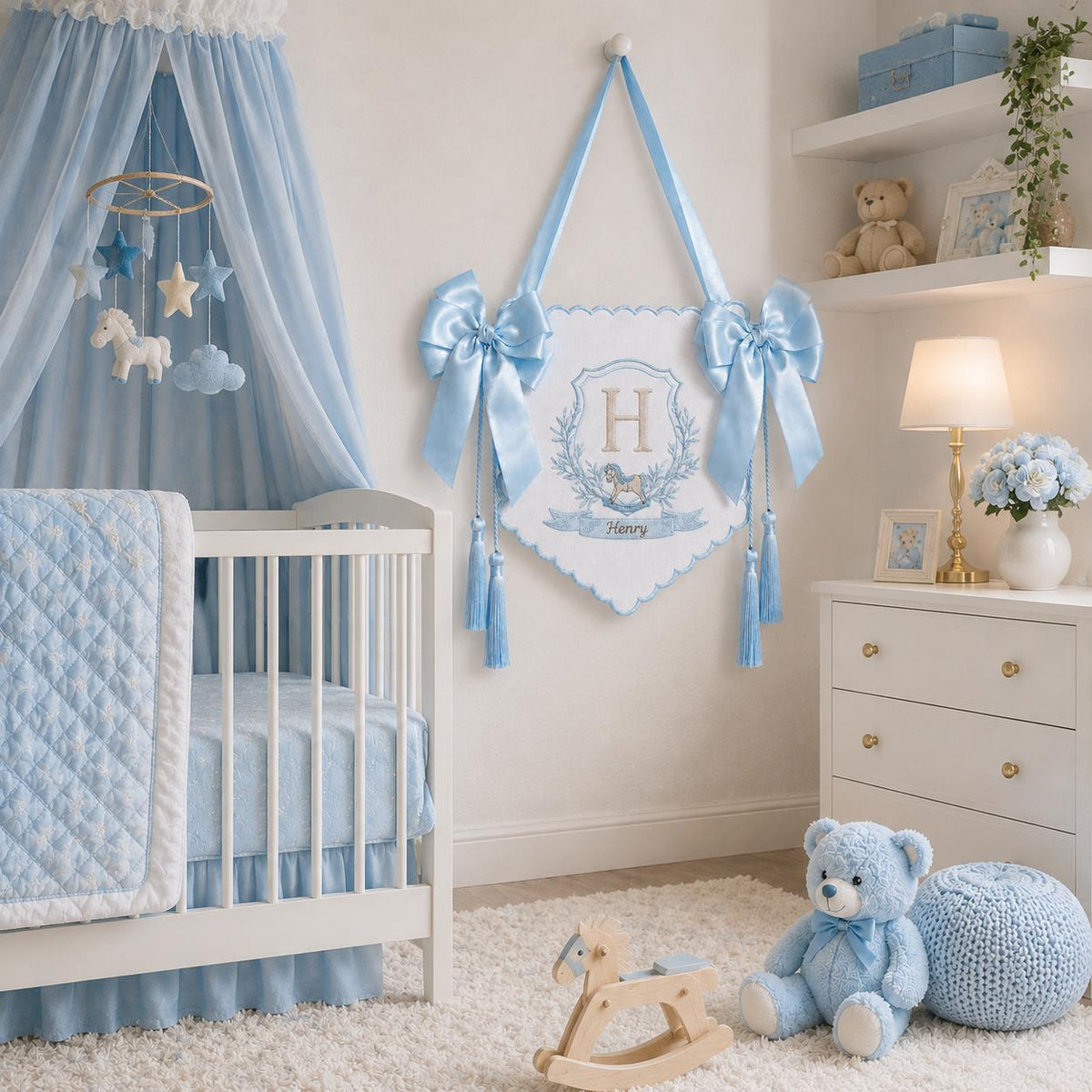Personalized Baby Banner, Custom Embroidered Monogram Nursery Sign, Rocking Horse Hospital Door Hanger, Baby Boy Gift