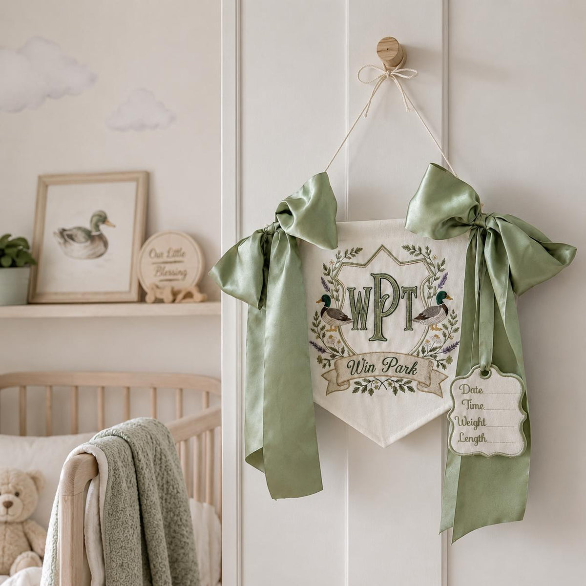 Personalized Duck Monogram Door Banner, Sage Green Satin Bow, Embroidered Nursery Name Sign, Hospital Door Sign, Nursery Decor, Baby Shower
