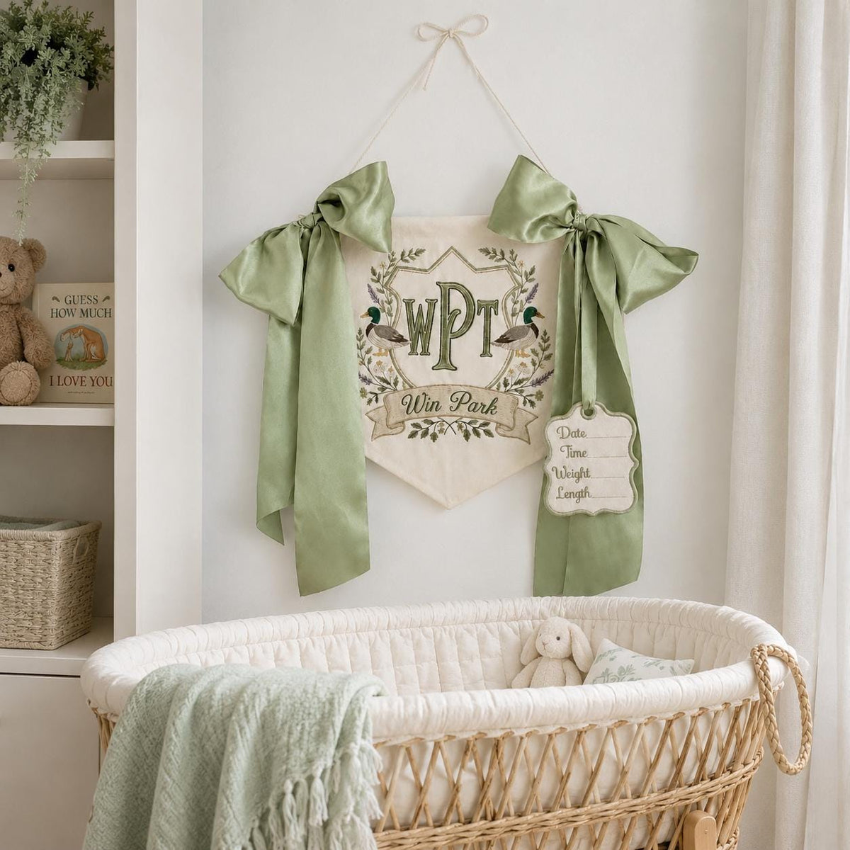 Personalized Duck Monogram Door Banner, Sage Green Satin Bow, Embroidered Nursery Name Sign, Hospital Door Sign, Nursery Decor, Baby Shower