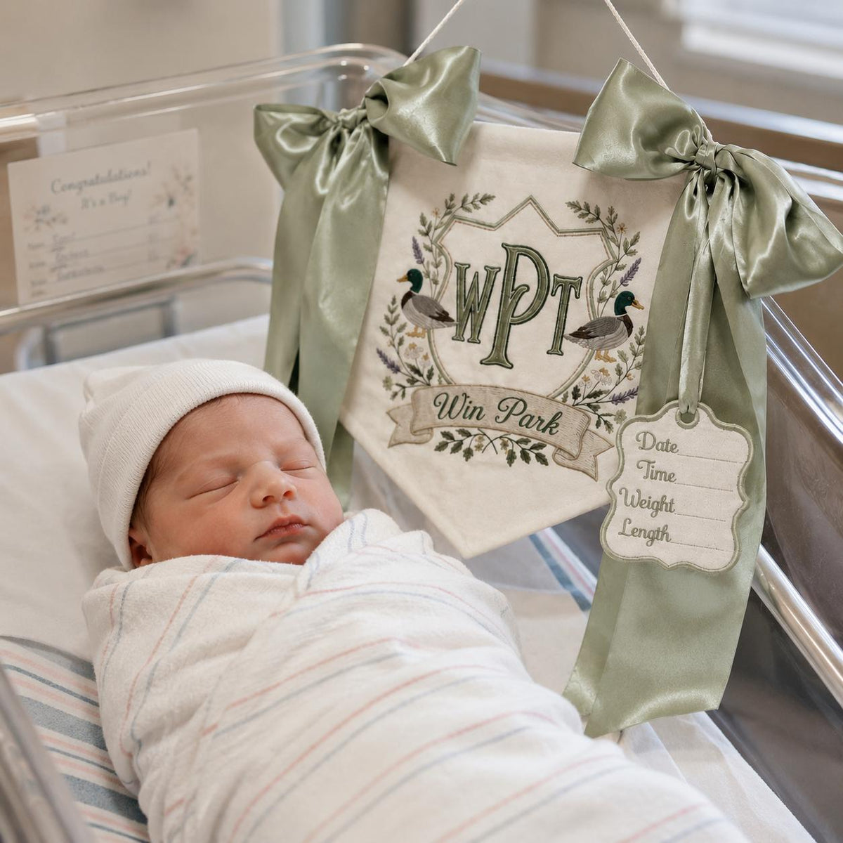 Personalized Duck Monogram Door Banner, Sage Green Satin Bow, Embroidered Nursery Name Sign, Hospital Door Sign, Nursery Decor, Baby Shower
