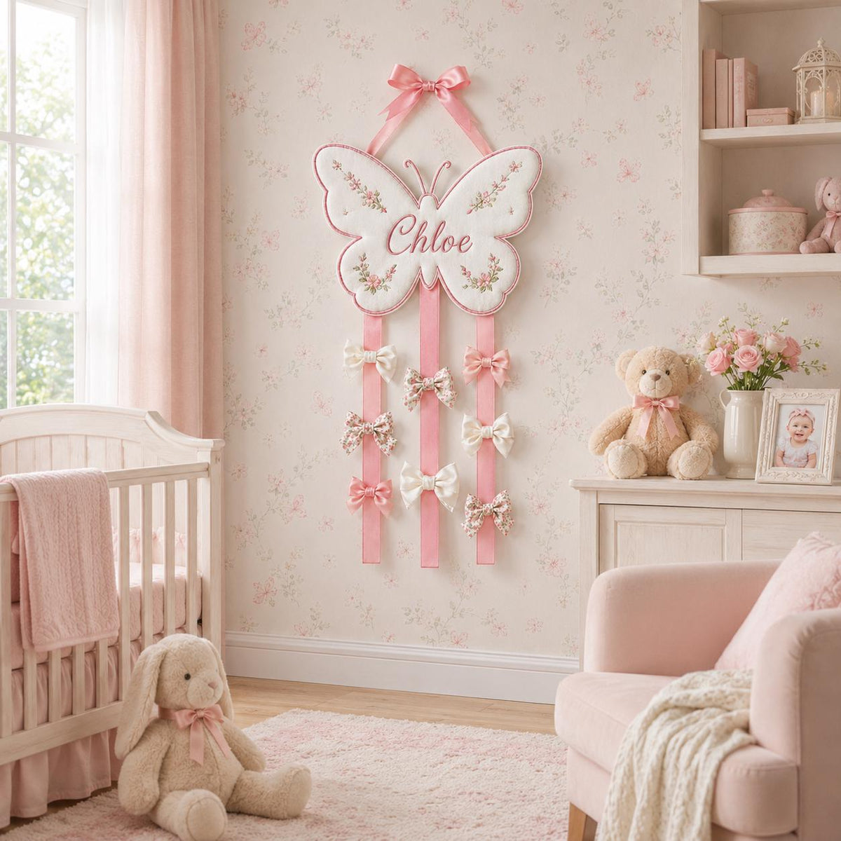Custom Butterfly Bow Holder, Personalized Name Hair Bow Organizer, Pink Ribbon Bow Storage, Baby Girl Room Decor