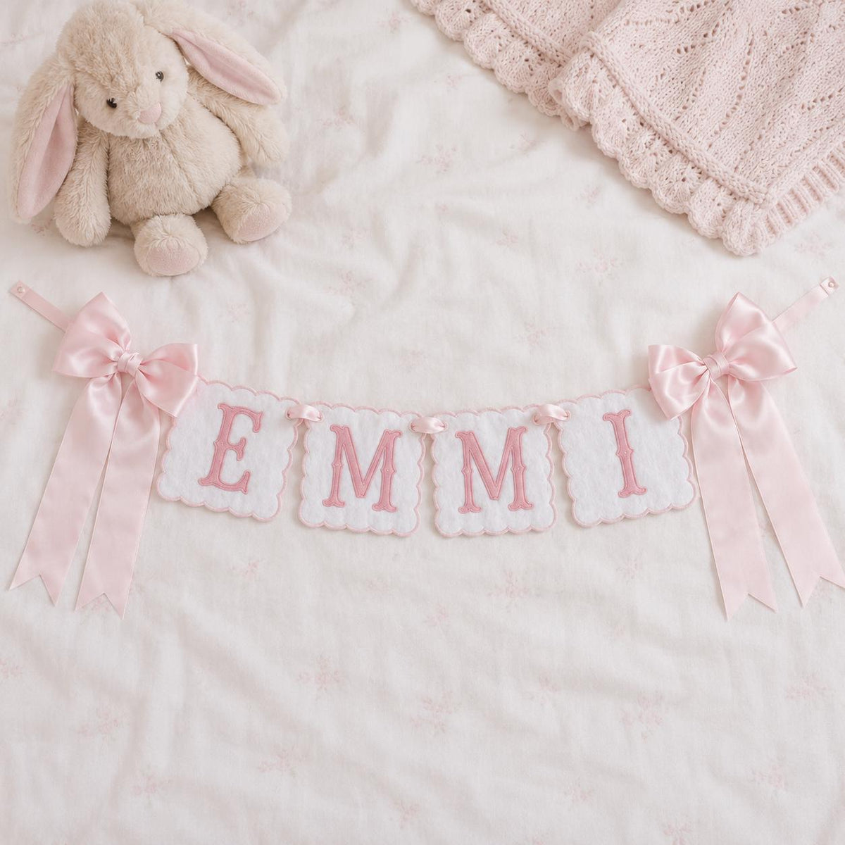 Personalized Name Banner, Custom Embroidered Nursery Garland, Pink Bow Baby Name Sign, Baby Shower Gift, Nursery Decor, Newborn Keepsake