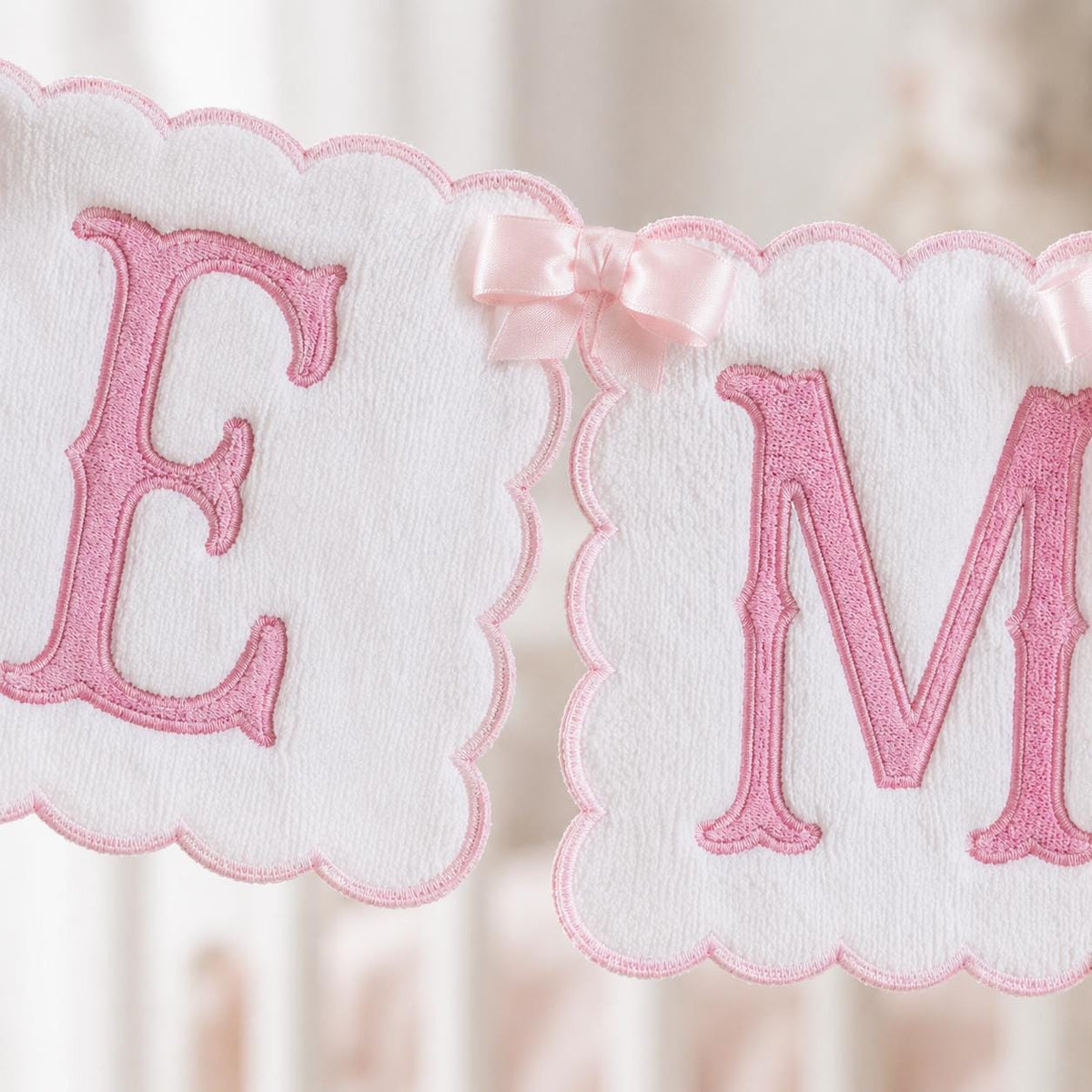Personalized Name Banner, Custom Embroidered Nursery Garland, Pink Bow Baby Name Sign, Baby Shower Gift, Nursery Decor, Newborn Keepsake