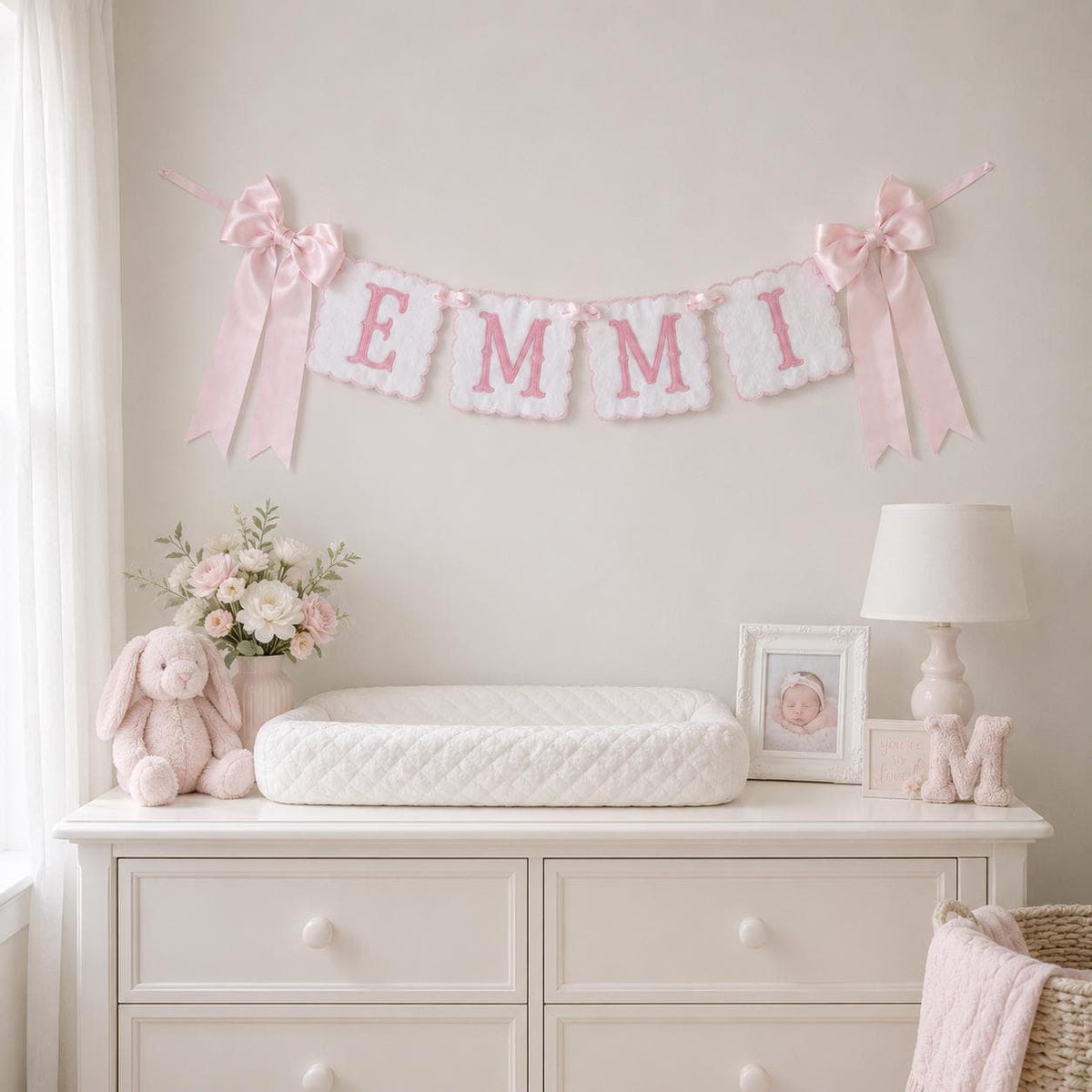 Personalized Name Banner, Custom Embroidered Nursery Garland, Pink Bow Baby Name Sign, Baby Shower Gift, Nursery Decor, Newborn Keepsake