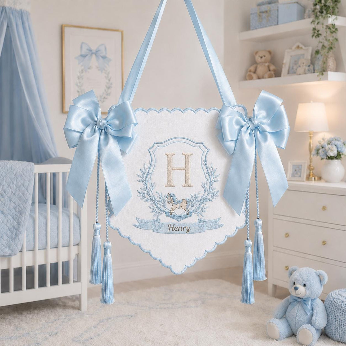Personalized Baby Banner, Custom Embroidered Monogram Nursery Sign, Rocking Horse Hospital Door Hanger, Baby Boy Gift