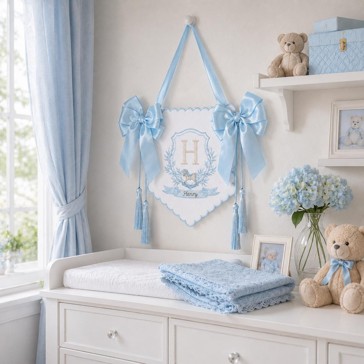 Personalized Baby Banner, Custom Embroidered Monogram Nursery Sign, Rocking Horse Hospital Door Hanger, Baby Boy Gift