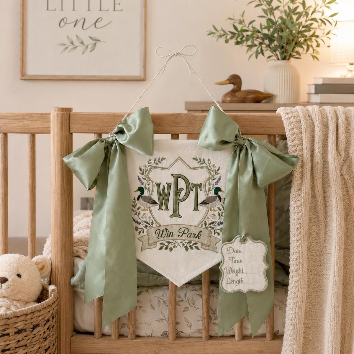 Personalized Duck Monogram Door Banner, Sage Green Satin Bow, Embroidered Nursery Name Sign, Hospital Door Sign, Nursery Decor, Baby Shower