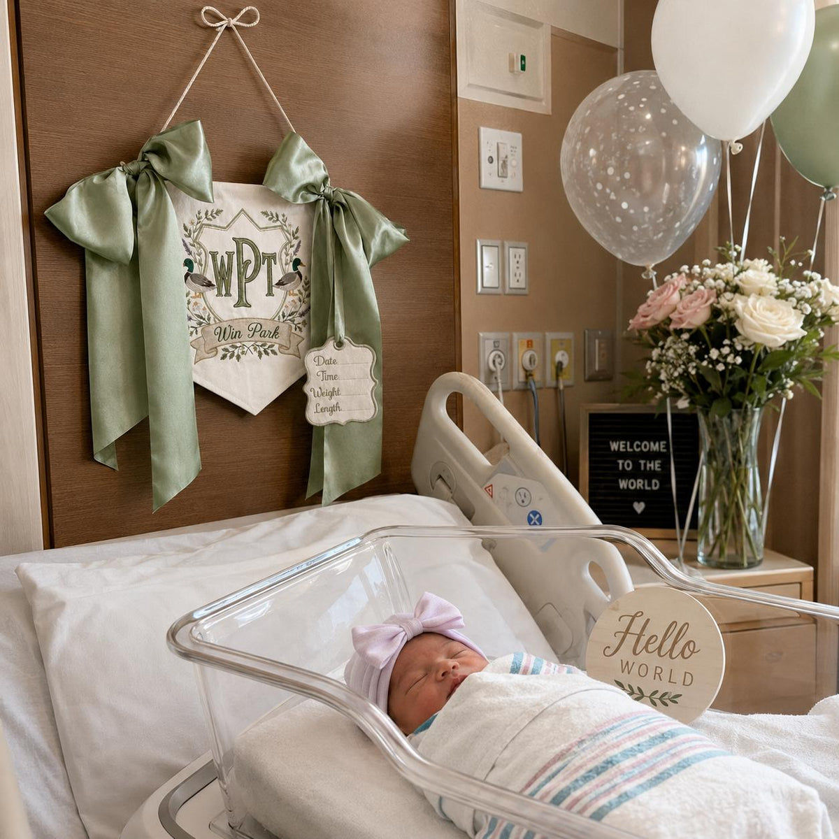 Personalized Duck Monogram Door Banner, Sage Green Satin Bow, Embroidered Nursery Name Sign, Hospital Door Sign, Nursery Decor, Baby Shower