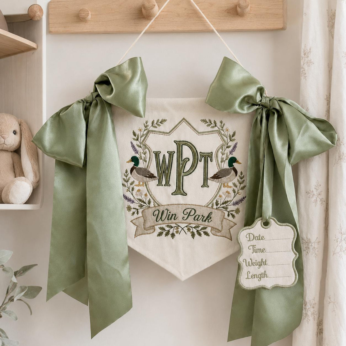 Personalized Duck Monogram Door Banner, Sage Green Satin Bow, Embroidered Nursery Name Sign, Hospital Door Sign, Nursery Decor, Baby Shower